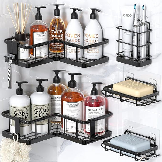 YASONIC Corner Shower Caddy, 5-Pack Adhesive Rustproof Stainless Steel Shower Organizer with Soap Holder, No Drilling Shower Shelf for Inside Shower, Dorm, Renters, Black