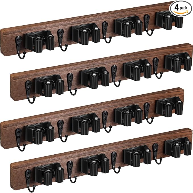 Chunful 4 Pack Mop and Broom Holder Wall Mount, Rustic Wood Broom Hanger with 4 Slots & 4 Hooks, Wall Mounted Garden Tool Rack Organizer for Bathroom Kitchen Closet Garage Room Office
