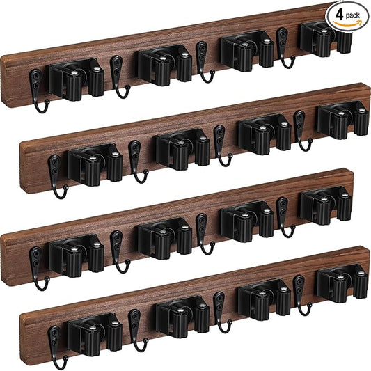 Chunful 4 Pack Mop and Broom Holder Wall Mount, Rustic Wood Broom Hanger with 4 Slots & 4 Hooks, Wall Mounted Garden Tool Rack Organizer for Bathroom Kitchen Closet Garage Room Office