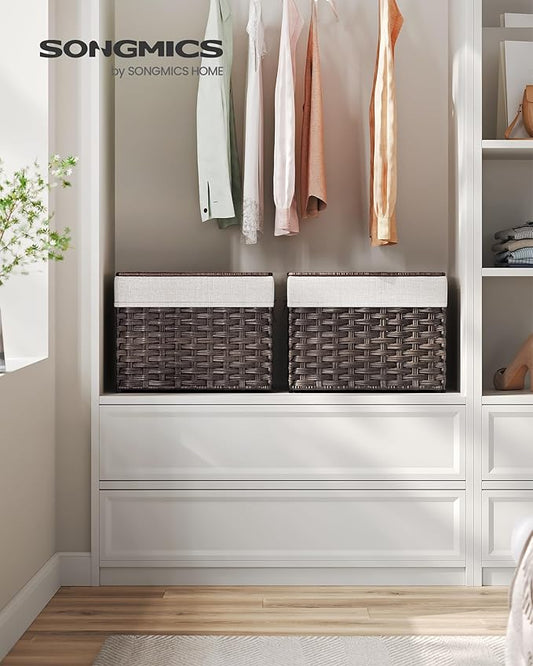 SONGMICS Storage Basket with Lid, Woven Blanket Storage Bin with Handles, Foldable, Removable Liner, Metal Frame, for Bedroom, Laundry Room, 9.2 Gallons (35 L), Brown URST040K01