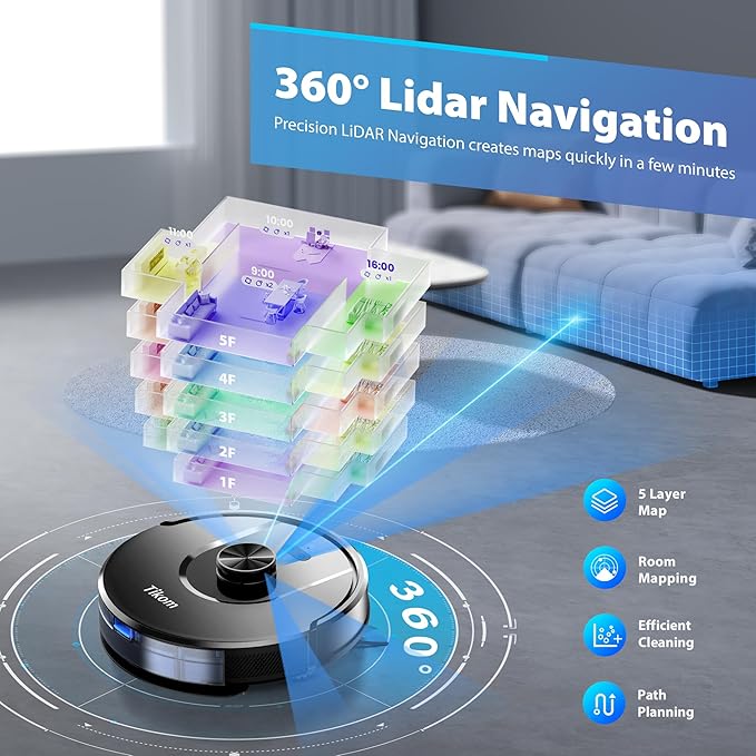 Tikom Robot Vacuum and Mop Combo, 6000Pa Automatic Robotic Vacuum Cleaner, Smart Mapping, 150 Min Max, Ideal for Pet Hair, Hardfloors, Carpets, Home(L8000 Pro)