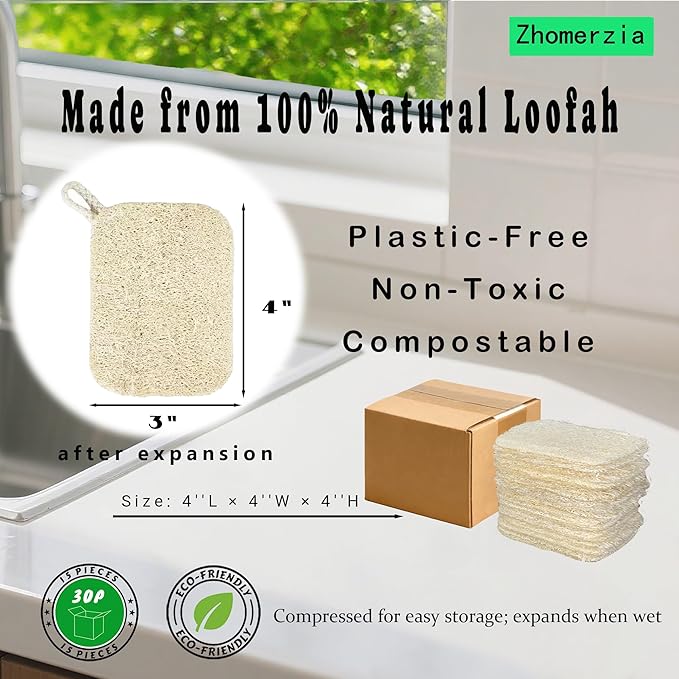 Natural Loofah Dish Sponge - 100% Biodegradable Kitchen Scrubber, Eco-Friendly Loofah Sponges for Dishes, Compostable Plant-Based Cleaning Pads, 30-Pack