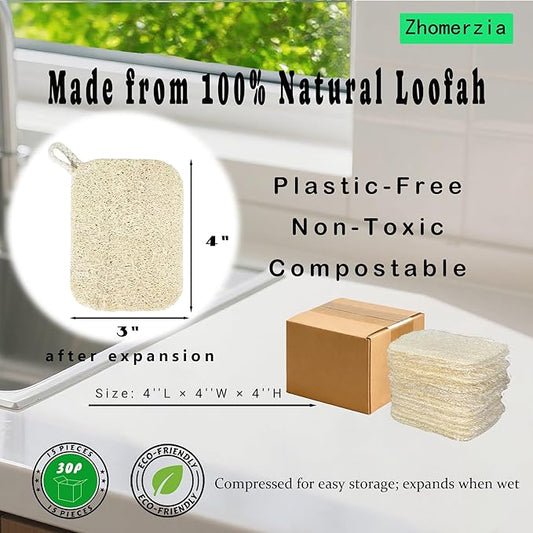 Natural Loofah Dish Sponge - 100% Biodegradable Kitchen Scrubber, Eco-Friendly Loofah Sponges for Dishes, Compostable Plant-Based Cleaning Pads, 30-Pack
