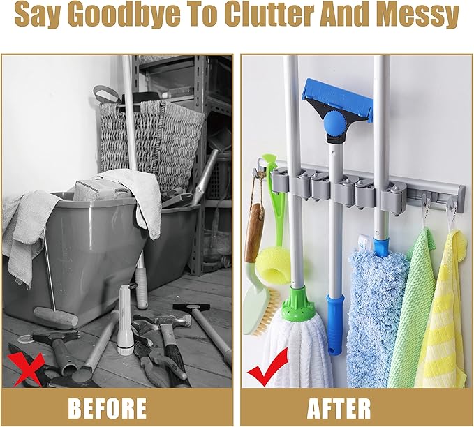 DrDirt Broom Holder Wall Mount, Heavy Duty Aluminum Mop and Broom Organizer with 3 Slots and 4 Hooks, Wall Mounted Storage for Kitchen, Bathroom, Laundry Room, Garage, Closet