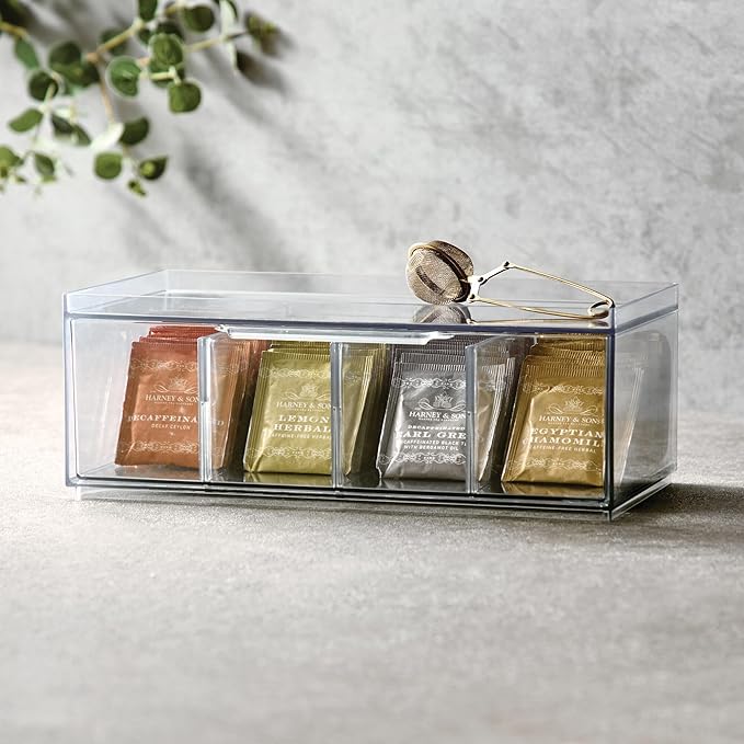 iDesign Stackable 4-Section Tea Storage Drawers - Tea Bag Organizers for Cabinet or Countertop - Set of 2 - Clear