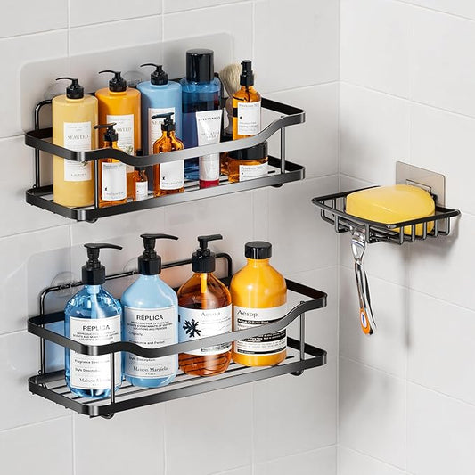 OMAIRA 3-Pack Shower Caddy with Soap Holder, Adhesive Rustproof No-drill Strudy Loading Inside Shower Organizer Shelves Rack Storage Bathroom Organization for Smooth Wall Glass Tile, Black (X-Large)