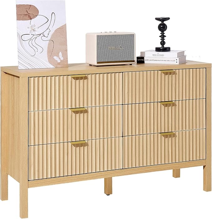VEVOR Fluted Dresser with 6 Drawer, 47" Wide Chest of Drawers with Golden Metal Handle, Modern Closet Dresser TV Stand, Boho Wood Storage Organizer for Bedroom, Living Room, Hallway, Entryway, Natural