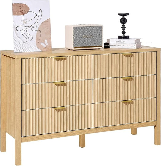 VEVOR Fluted Dresser with 6 Drawer, 47" Wide Chest of Drawers with Golden Metal Handle, Modern Closet Dresser TV Stand, Boho Wood Storage Organizer for Bedroom, Living Room, Hallway, Entryway, Natural