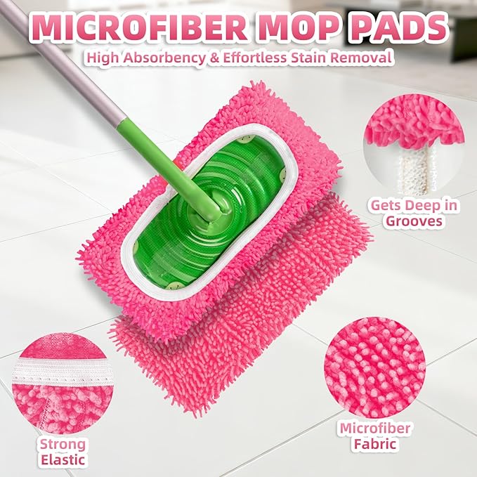 8 Pack Reusable Mop Pads Compatible with Swiffer Sweeper Mop, Wet and Dry Chenille Sweeping Cloths, Washable Pads Refill, Microfiber Pads for Multi-Surface/Hardwood Floor Cleaning (Pink)