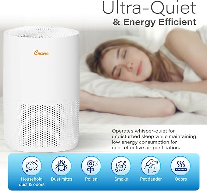 Crane True HEPA Air Purifiers for Home, Up To 300 Sq Ft, Air Purifiers For Bedroom, and Office, Removes Dust, Smoke, Pet Dander, and Allergens, Purifier HEPA with Sleep Timer, Child Lock, Aroma Tray