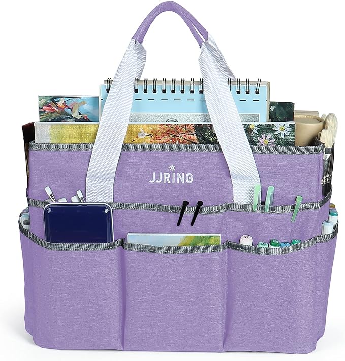 JJRING Craft Organizer Tote Bag, Large Art Storage Caddy with Multiple Pockets, Lilac Sewing Bag for Art, Craft, Scrapbooking, Medical, and Office Supplies Storage