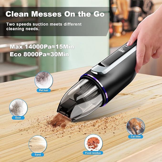 Handheld Vacuum Cleaner, Car Vacuum with Brushless Motor & 14000Pa Powerful Suction,1.2Lbs Lightweight, LED Light, Slim Mini Vacuum Cleaner for Car Home Office Pet Hair