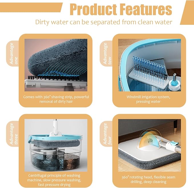 Mop and Bucket Set with Wringer, 360º Spin Mop and Bucket, 2 Microfiber Refills, Height Adjustable Handle, Kitchen Wet and Dry Use, Floor Cleaning System