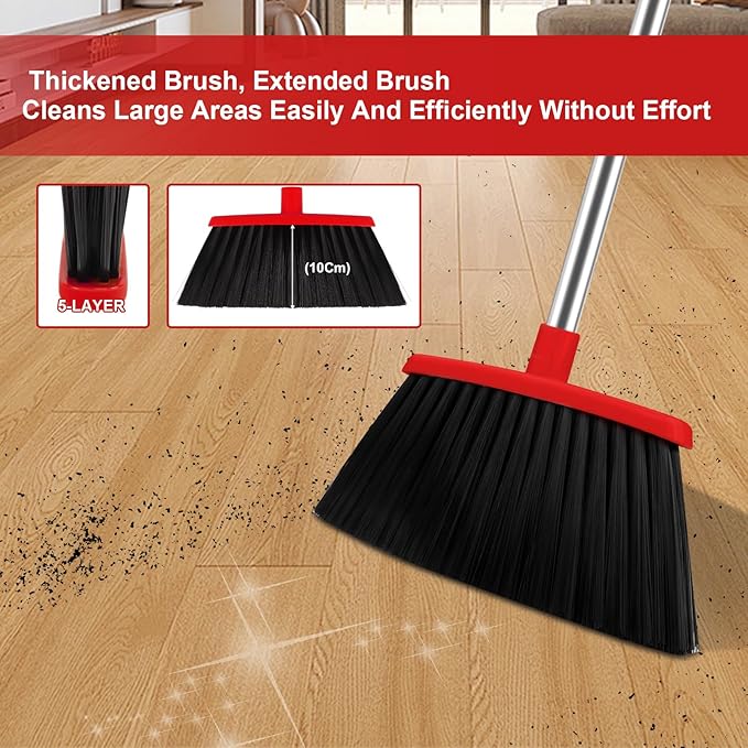 Broom and Dustpan Set for Household, Red Broom with Dustpan Combo Set, 51" Long Handle Dust pan Set for Dog Cat and Hair Clean
