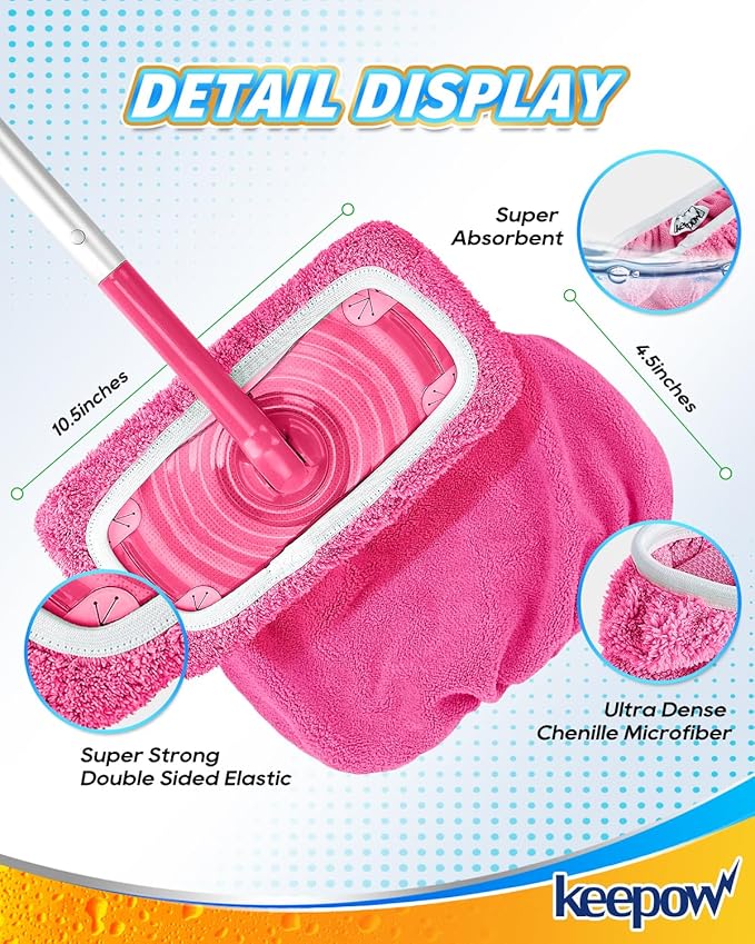 KEEPOW 6 Pack Reusable Mop Pads Compatible with Swiffer Sweeper, Coral Fleece Washable Swiffer Mop Pads, Dry & Wet Sweeping Mopping Cloths (Pink, Not Included Mop)