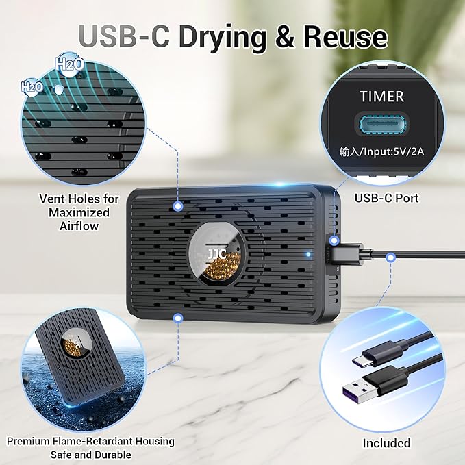 Auto Power-off Rechargeable Desiccant Dehumidifier with USB-C Cable, Reusable Portable Moisture Humidity Absorber Dryer Silica Gel Beads Packets for Gun Safe Camera Lens Pouch Electronics 3d Filaments