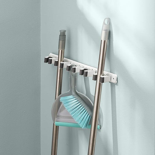 Mop and Broom Holder Wall Mounted Storage Organizer by Home Basics | 5 Slot Storage Rack with Textured Rubber Grippers for Kitchen, Garage, Laundry Room