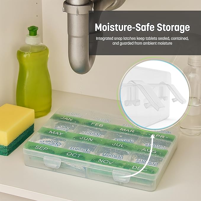 Monthly Reminder Organizer for Cleaning Tablets, 12 Labeled Compartments for Washing Machine, Dishwasher, Drain Disposal and Coffee Machine Cleaner Pods Holder
