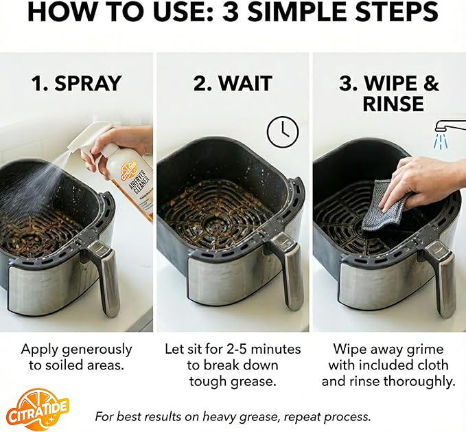 Air Fryer Cleaner Spray – Citrus Powered Grease Remover, Non-Toxic & Plant-Based, Cuts Baked-On Oil & Odor, Safe for Kitchen Appliances, USA Made – 16fl oz