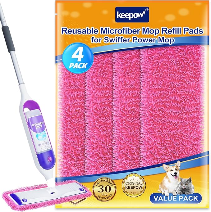 KEEPOW Reusable Microfiber Mop Pads for Swiffer PowerMop, 4 Count, Pink, Machine Washable, Compatible with 13-15 Inch Spray Mop, Multi-Surface Floor Cleaning