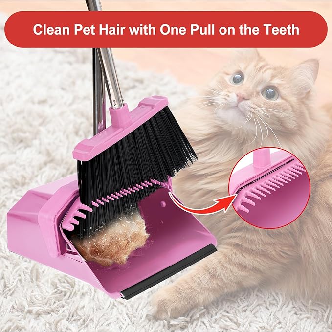 Broom with Dustpan Combo Set, 51'' Broom and Dustpan Set, Brooms and Dust Pan with Handle, Brooms with Standing Dustpans, House Broom for Pets Hair and Floor Cleaning - Pink