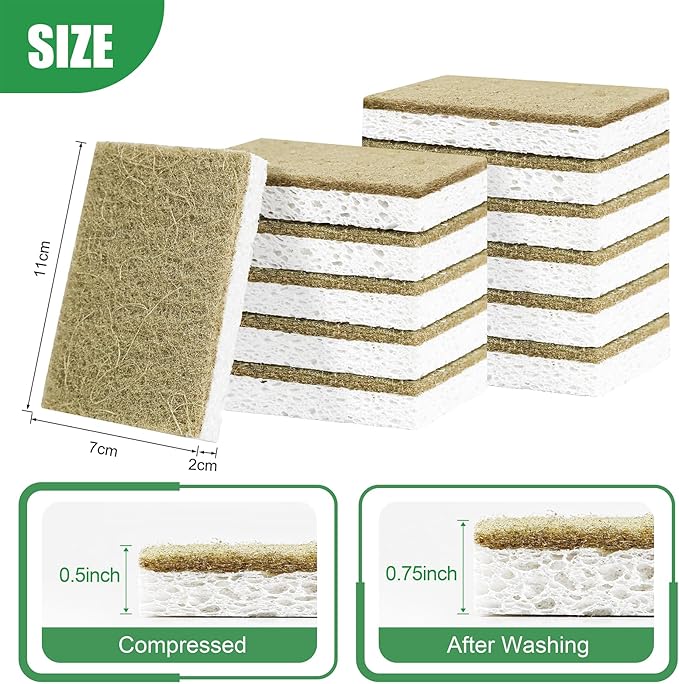 Natural Kitchen Sponges, 12 Pack Non-Scratch Sponge for Dishes, Biodegradable Scruber Sponges Kitchen for Cleaning, Household