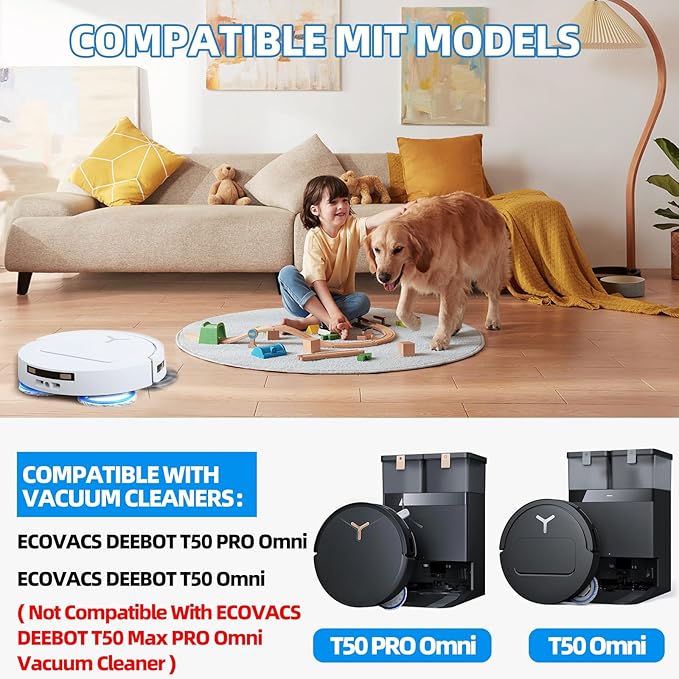 25 Pack Accessories for ECOVACS DEEBOT T50 PRO Omni / T50 PRO Omni Gen2 /T50 Omni Robot Vacuum, Replacement 2 Anti Tangle Main Brush 6 Mop Pads 6 Dust Bag 6 Sidebrush 4 Filter 1 Cleaning Brush