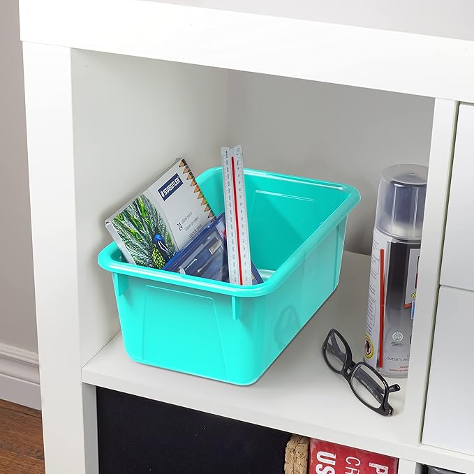 Storex Small Cubby Bins – Plastic Storage Containers for Classroom with Non-Snap Lid, 12.2 x 7.8 x 5.1 inches, Teal, (62412U05C) (Pack of 5)