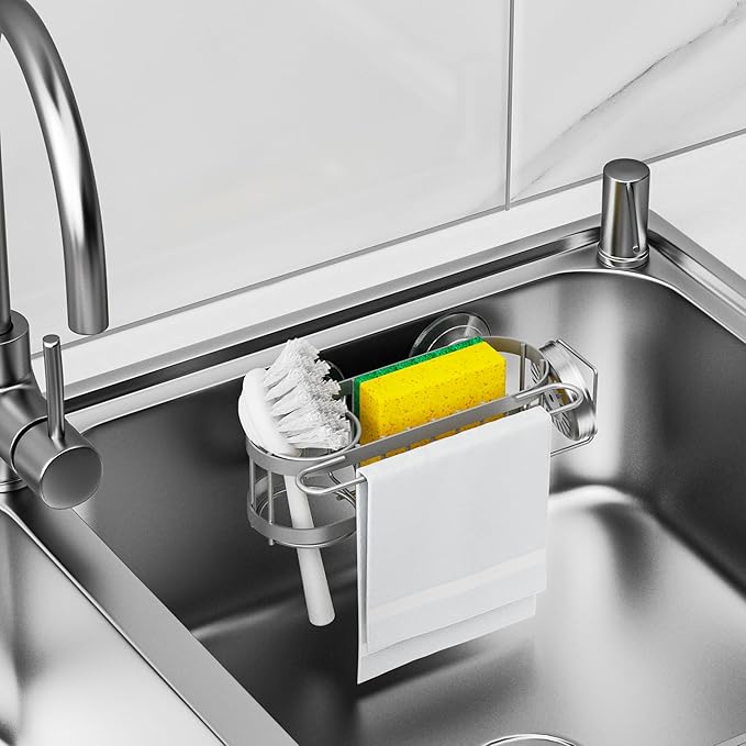 Cisily Grey Kitchen Sink Caddy Sponge Holder in the Sink, Stainless Steel Kitchen Organizer, Brush Holder, Dish Cloth Hanger 2 Installation Ways (Suction & Adhesives