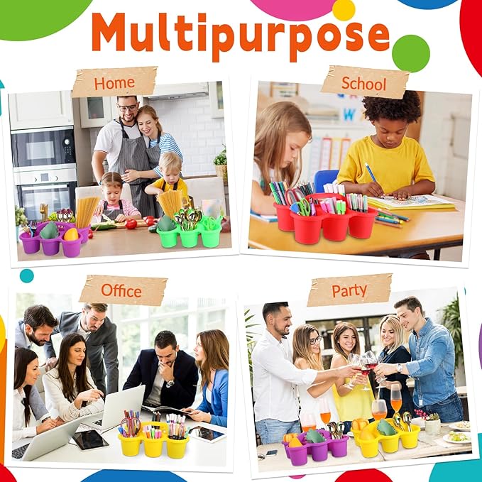 6 Pack Classroom Caddy Organizer with Handle Colorful Plastic Table Caddy Drink Cup Caddies Holder 12×9×3.5 Inches Storage School Supplies 6 Compartments for Table Crayon Pencil Cup Marker Craft