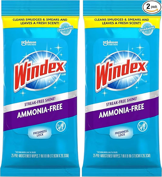 Windex Glass and Surface Ammonia-Free Pre-Moistened Wipes, Crystal Rain Fresh Scent, 25 Count (Pack of 2)