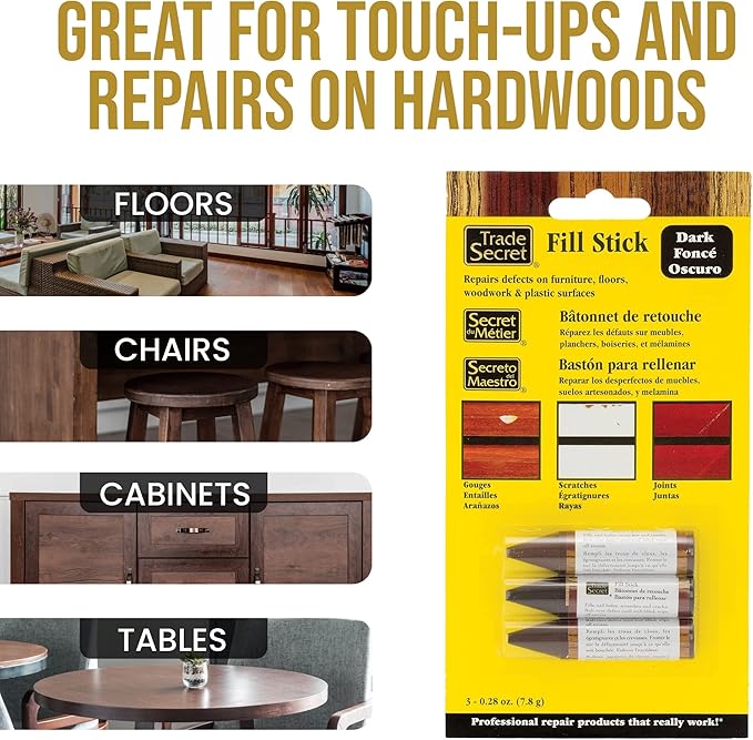 Wood Scratch Repair Fill Stick for Dark Surfaces (Set of 3), Great for Touch-Ups and Repairs on Hardwoods Floors, Furniture, Cabinets and Plastic Surfaces.