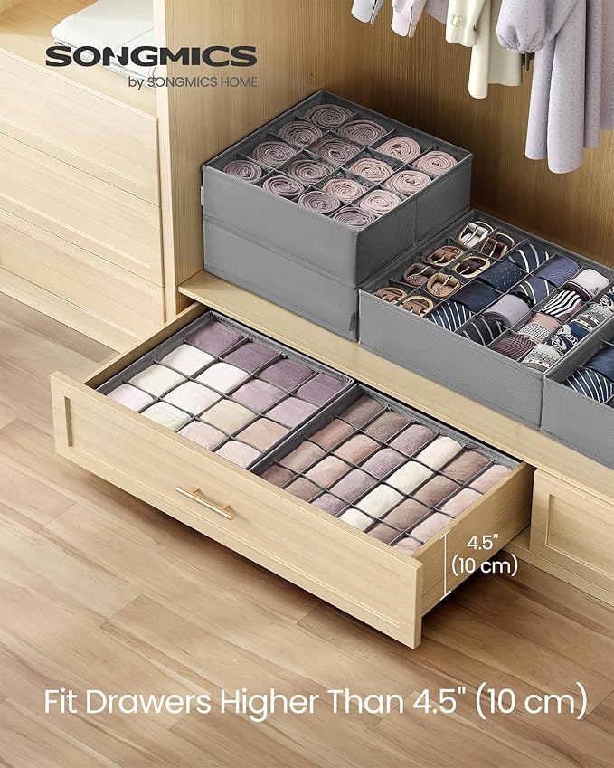 SONGMICS 4 Pack Drawer Organizers, 80 Cells (2x16+2x24), Foldable Dividers, 11.8 x 11.8 x 3.9 Inches, for Socks, Underwear, Ties, Belts, Dove Gray URUS011G01