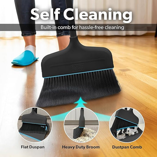 BLACK+DECKER Butler Broom & Dustpan Set - Short Handle, Stand-Up Design - Lightweight, Space-Saving Combo for Kitchen, Living Room, Bathroom, Lobby Floors - Home Cleaning Essential, Black/Blue