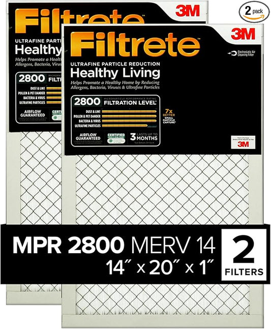 Filtrete 14x20x1 Air Filter, MPR 2800, MERV 14, Healthy Living Ultrafine Particle Reduction 3-Month Pleated 1-Inch Air Filters, 2 Filters