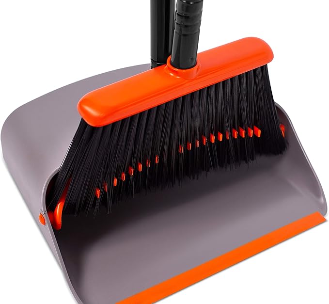 BirdRock Home Broom and Dustpan Set - Lobby Dust Pan - Orange and Grey Durable Set - Indoor or Outdoor - Sweep Combo Great for Kitchen, Home, Garage and Office - Clip On Self Cleaning Bristles