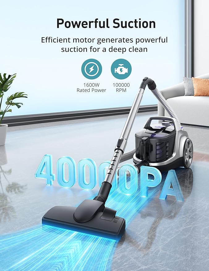 Aspiron Canister Vacuum, Upgraded 1600W Bagless Canister Vacuum Cleaner, Auto Cord Rewind, H13 HEPA Filter, 3.7Qt Large Capacity, 5 Tools for Hard Floors, Carpet, Pet, Upholstery, Tiles, Lilac