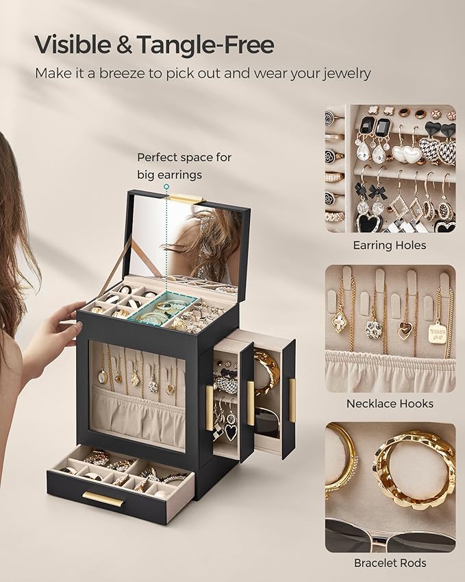 SONGMICS Jewelry Box with Glass Window, 5-Layer Jewelry Organizer with 3 Side Drawers, Jewelry Storage, with Big Mirror, Modern, 5.1 x 7.9 x 9.7 Inches, Ink Black and Metallic Gold UJBC172B01
