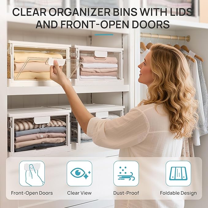 Vtopmart 1 Pack Clear Stackable Storage Bins with Lids 24QT, Foldable Storage Boxes with Doors Open Front, Plastic Closet Organizer for Craft, Toys, Pantry Organization