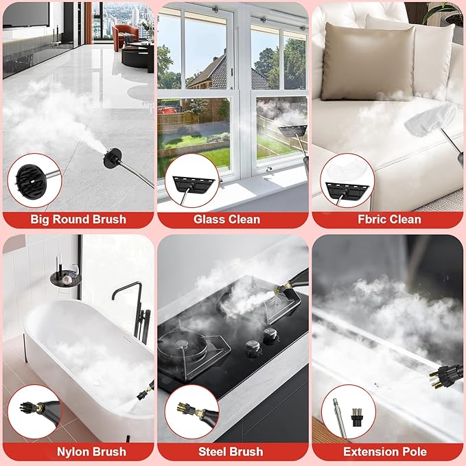 Steam Cleaner for Home, 15s Heat-Up, 1.2L Water Tank, 6-Level Adjustable Handle, Handheld Steam Cleaner for Car Detailing, Dirt, Furniture, Couch, Floor Tile, Bathroom, Bed Bugs, 9Pcs Accessories