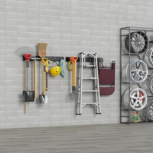 Tool Storage Rack Wall Mount, 64 Inch Adjustable Garden Tool Organizer, Heavy Duty Garage Wall Organizer Rack, Yard Tool Organizer System for Rake Shovel Broom Mop Wall Holder