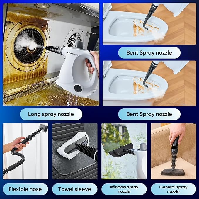 Steam Cleaner, Handheld Pressurized Steamer, 1050W 230°F Fast Heating with 9 Accessories, Multi-Surface Steam Cleaner for Home, Car, Tile & Grout, Windows, Upholstery (5 Towel Sleeve)