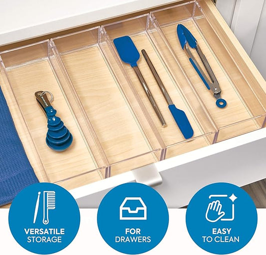 iDesign Clarity Plastic Drawer Organizer, Storage Container for Silverware, Utensils, Kitchen Gadgets in Pantry, Cabinets, Countertops, 4" x 12" x 2" - Clear