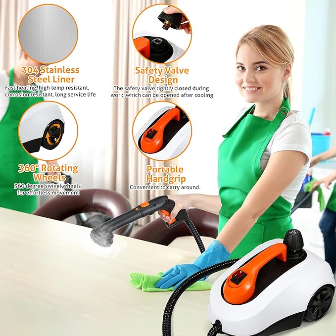 WICHEMI Steam Cleaner with Extension Pole, 61 oz, Steam Cleaner for Home, Adjustable Steam Pressure, 26 Accessories, Handheld Steam Cleaner for Walls, Gaps, Hard Floors, and Tiles