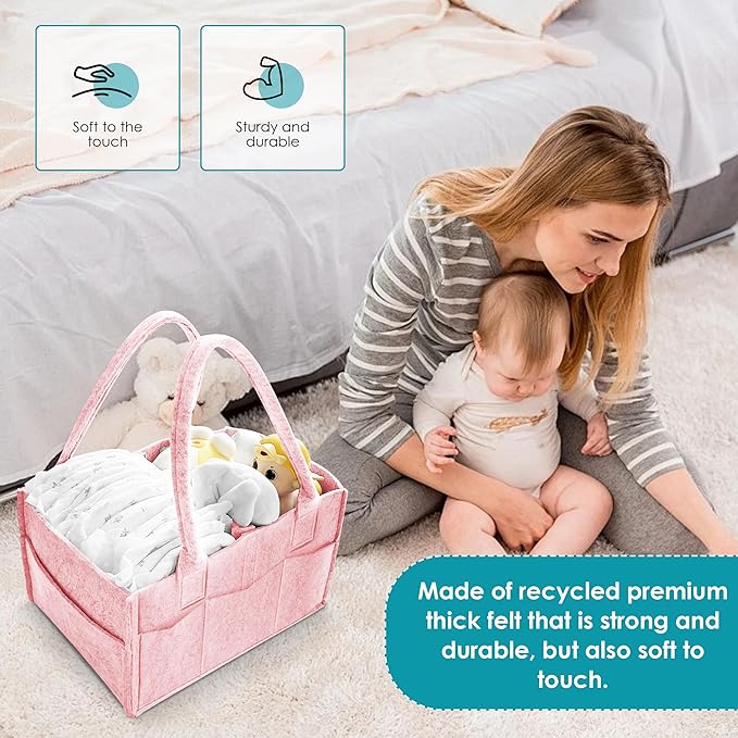 Cute Castle 2 Pack Diaper Caddy Organizer - Portable Baby Caddy Organizer with Handle, Nursery Storage Bin and Car Organizer for Girls, Boys - Baby Gift Basket - Pink