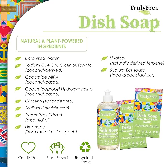 Truly Free Non Toxic Dish Soap | Natural Concentrated Dishwashing Liquid - Sweet Basil Scent | Non Toxic Organic Plant-Based Dish Soap | Family Safe - Eco-Friendly Formula | 16 fl oz