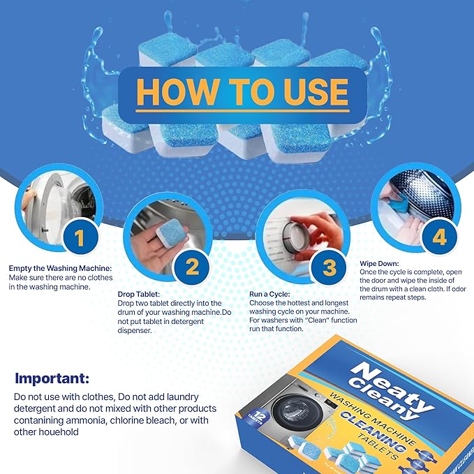 Washing Machine Cleaner Tablets 12 Packs- Washing Machine Cleaning Tablets for Top loader/Front Loader - Removes Residue & Odors