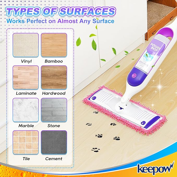KEEPOW Reusable Microfiber Mop Pads for Swiffer PowerMop, 4 Count, Pink, Machine Washable, Compatible with 13-15 Inch Spray Mop, Multi-Surface Floor Cleaning
