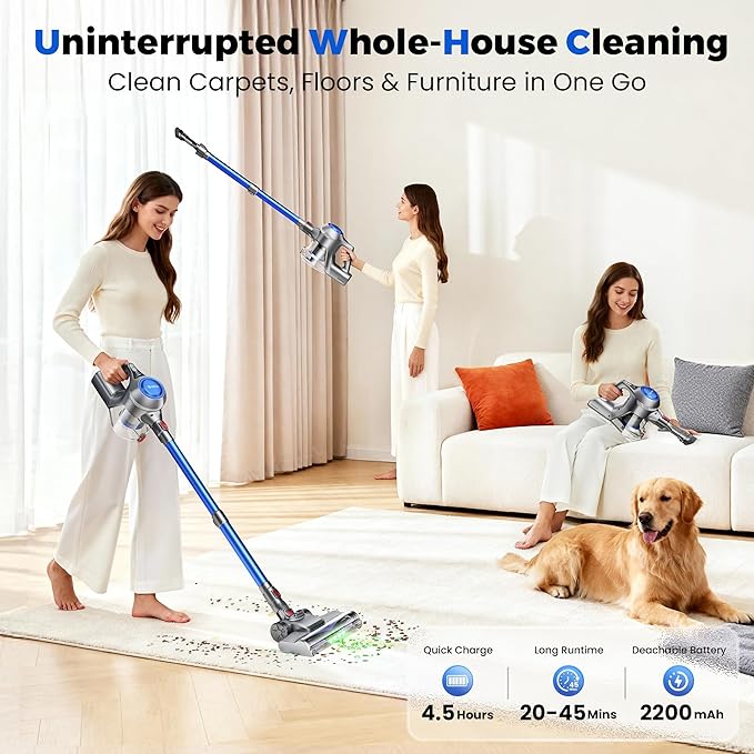 Cordless Vacuum Cleaner, 40Kpa Powerful Suction Stick Vacuum Cleaners for Home, 45 Mins Runtime, 1.6L Dust Box, Anti-Tangle, 8-in-1 Rechargeable Vacuum for Hardwood Floor, Carpet, Pet Hair