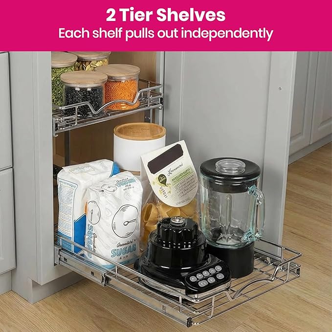 HOLDN’ STORAGE Two Tier Pull Out Cabinet Organizer, Individual Sliding Drawers - Heavy Duty Metal with Lifetime Limited Warranty - Anti Rust Chrome Finish - 20" W x 21”D x 16.5" H